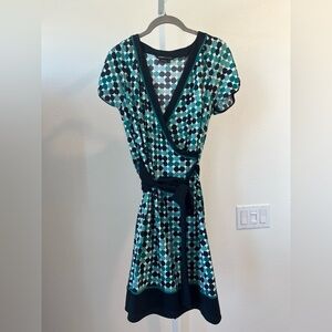 BCBGMaxAzria Teal and Black Geometric Midi Dress